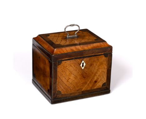 A GEORGE III ASH, WALNUT AND SATINWOOD INLAID TEA CADDY with silver hinged loop handle, 14cm wide 