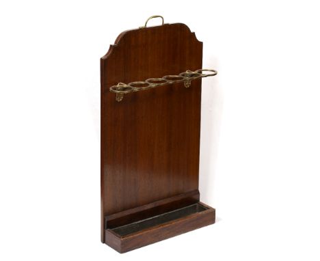 A MAHOGANY AND BRASS STICK STAND the shaped mahogany back with six brass circular divisions, and with metal lined tray base, 