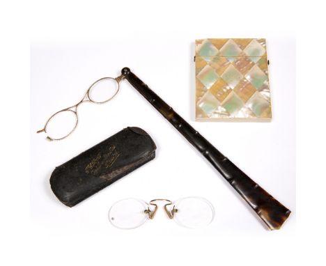 A 19TH CENTURY MOTHER OF PEARL VENEERED CARD CASE 10cm high, together with a 19th Century tortoiseshell handled lorgnette and