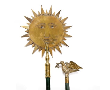 A 19TH CENTURY WEST COUNTRY BRASS FRIENDLY SOCIETY POLE HEAD IN THE FORM OF A SUN, with engraved facial features to both side