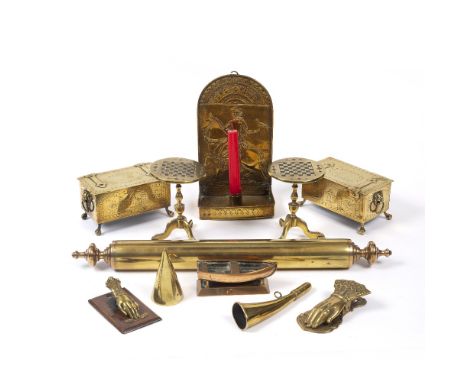 A 19TH CENTURY BRASS ROLLING PIN, an embossed brass wall mounted candle sconce, a pair of engraved brass caskets, two brass m