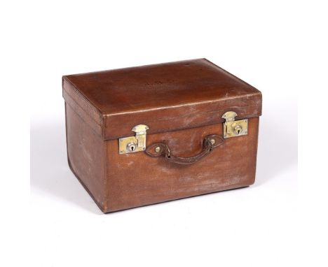 AN EARLY 20TH CENTURY LEATHER SQUARE HAT BOX OR CASE, the lid with embossed initials J. R. S, the interior with gilt maker's 