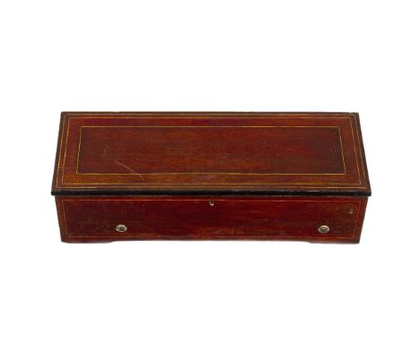 A LATE 19TH CENTURY SWISS MAHOGANY AND BOX STRUNG MUSIC BOX the 12" brass cylinder playing 10 airs, the card printed 'Etouffo