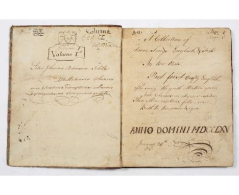 ROBINSON, Johannis, A manuscript Collection of Choice Songs, English and Scots dated 1765 in a flowing hand in black ink. 168