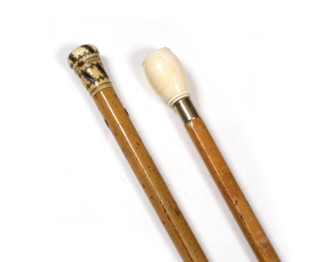 AN 18TH CENTURY MALACCA POMANDER WALKING CANE, the metal pique inset ivory handle with pierced top unscrewing to reveal a sma