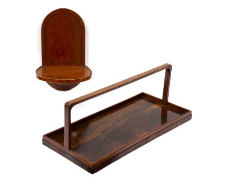 A 19TH CENTURY ROSEWOOD RECTANGULAR TRAY with fixed over handle, 44cm long, and a satinwood veneered small wall shelf, with e