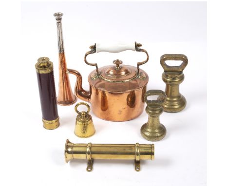 A MAHOGANY BRASS THREE-DRAWER TELESCOPE by Dolland, London, 18cm long, a copper hunting horn with silver plated mouth-piece, 