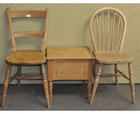 Two pine chairs and a commode
