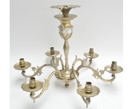 A six branch brass electric hanging ceiling light