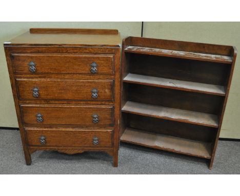 An oak chest of drawers and a book shelf