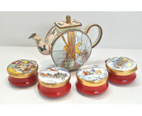 Four Crummies enamel Christmas boxes and a teapot