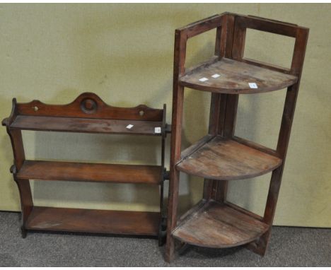 An early 20th century oak peg jointed shelf, along with a corner pot rack