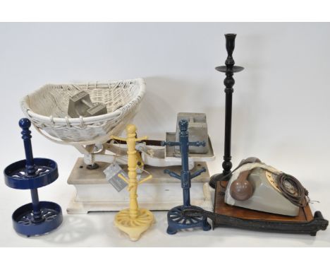 A set of scales, weights, some cast iron kitchen roll holders  and other items