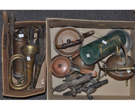 A collection of brass and copper wares to include a spirit kettle, fire extinguisher, bugle and other items