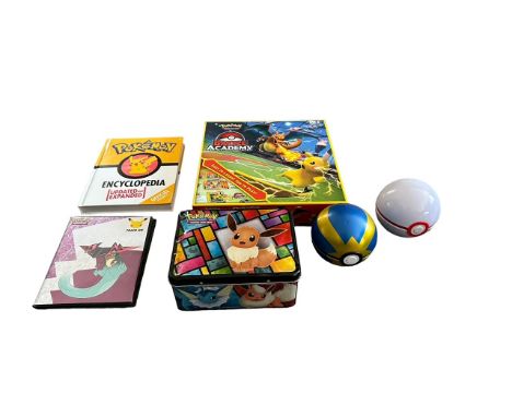 Miscellaneous Pokemon items including Battle Academy board game, Pokemon Encyclopedia (Updated and Expanded), Pokemon TCG tin