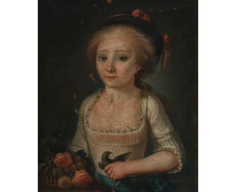 English School c.1800Portrait of a young girl, wearing a white dress and black bonnet, holding a birdOil on canvas46.5 x 41cm