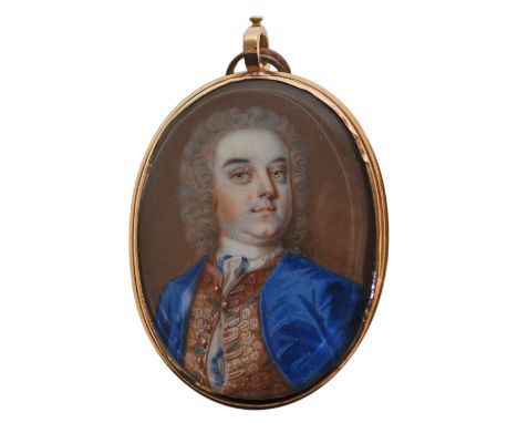 λ λNathaniel Hone RA (Irish 1718-1784)Portrait miniature of a gentleman wearing a blue coat and brown waistcoatSigned with in