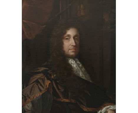 Circle of John RileyPortrait of a nobleman, traditionally identified as James II, half-length, wearing a brown cloak, lace ru