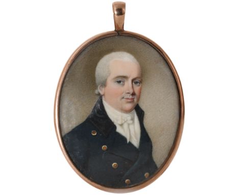 λ λEnglish School 18th CenturyPortrait miniature of a gentleman wearing a blue coat and with powdered hairOval, in a gilt met