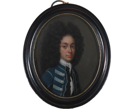 Continental School c.1700Portrait miniature of a gentleman wearing a blue coat with silver buttons, black waistcoat and a lon