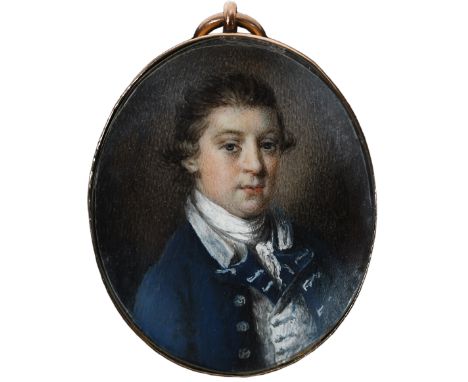 λ λCircle of Thomas RedmondPortrait miniature of a young man wearing a blue coat and white waistcoatOval, in a gilt metal fra