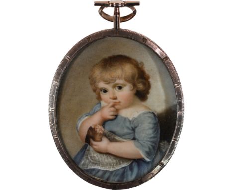 λ λEnglish School Mid 18th CenturyPortrait miniature of a young child wearing a blue dress and holding a hunk of breadOval, i