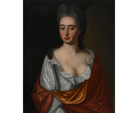 English School Early 18th CenturyPortrait of a lady, half-length, wearing a white dress and brown cloakOil on canvas74.1 x 61