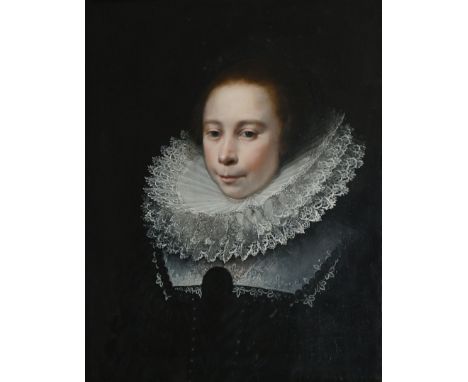 Circle of Michiel Jansz. van MiereveltPortrait of a young lady, half length, wearing a black dress and lace ruffOil on panel6