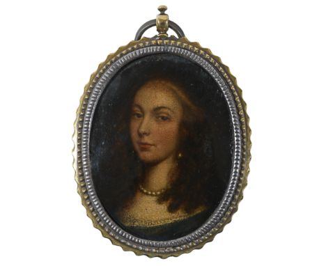 English School 17th CenturyPortrait miniature of a lady wearing a blue dress and pearl necklace and earringsOn copper, in a g