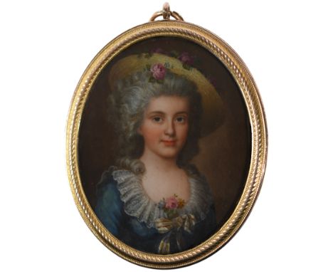 French School c.1800Portrait miniature of a lady wearing a blue dress and broad brimmed hat decorated with flowersOn card, ov