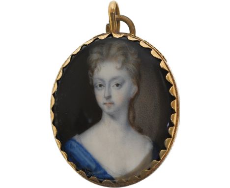 Circle of Susannah-Penelope RossePortrait miniature of a lady wearing a blue dressOn vellum, oval in a gilt metal frame, the 