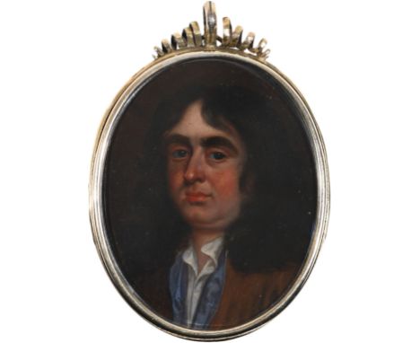 English School c.1700Portrait miniature of a gentleman, traditionally identified as John Greene, wearing a brown coat with bl