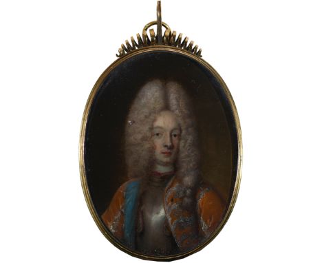 French School c.1680Portrait miniature of a nobleman wearing a brown coat over armoured breastplate and a long wigOn copper, 