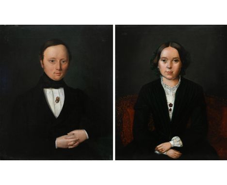 American School 1853Portrait of a gentleman wearing a black coat and an ornate stickpin; Portrait of a lady wearing a green d