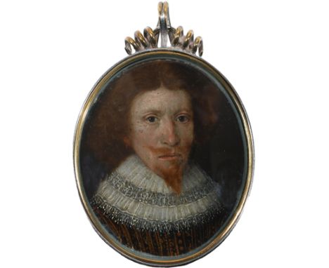 English School c.1600Portrait miniature of a gentleman wearing a lace collar and gilt embroidered black doubletOn copper, ova