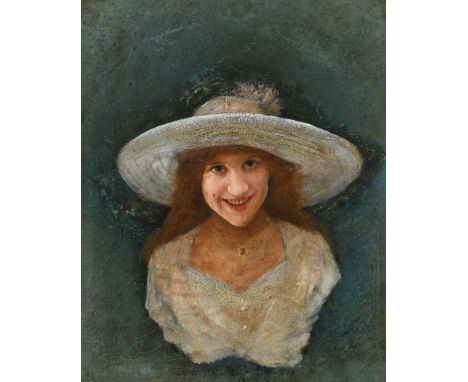 Émile Eisman-Semenowsky (Polish 1857-1911)Portrait of a young lady wearing a white dress and broad brimmed hatSigned, dated a