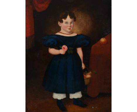 English School 19th CenturyPortrait of a young girl, full length, wearing a blue dress and holding a rose and a basket of fru