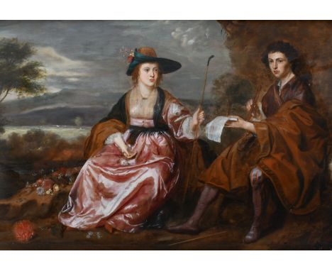 Circle of Jan MytensPortrait of a gentleman and lady, dressed as a musician and shepherdess, seated in a landscapeOil on pane