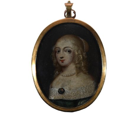 Manner of Cornelius JohnsonPortrait miniature of a lady wearing a green dress and pearl necklace and headdressOn copper, oval