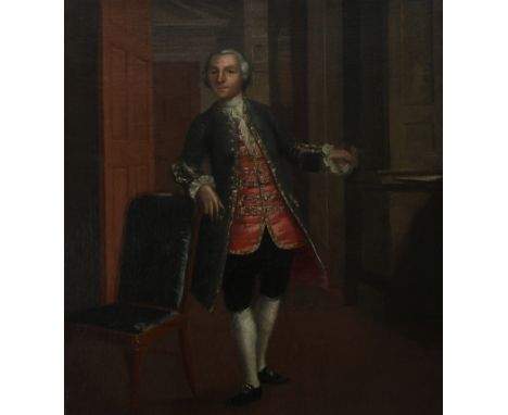 Circle of Arthur DevisPortrait of a gentleman, full-length, in a blue coat and red waistcoat, standing by a chairOil on canva