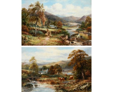 Robert John Hammond (act.1882-1911)A shepherd and his flock on a path with a cottage beyond, near Dolgellau, Wales; River lan