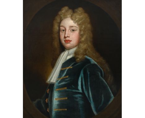 Sir Godfrey Kneller Bt. (German 1646-1723)Portrait of a gentleman, half-length, wearing a blue coat and long wig, in a painte