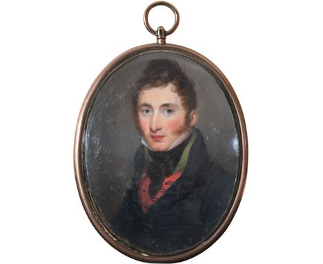 λ λEnglish School Early 19th CenturyPortrait miniature of a gentleman wearing a black coat and a red and green waistcoatOval,