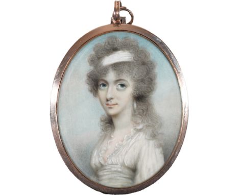 λ λAndrew Plimer (1763-1837)Portrait miniature of a lady wearing a white dress and a bandeau in her powdered hairOval, in a g