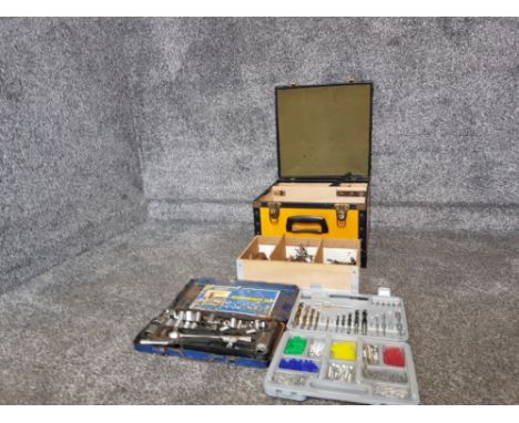 Miscellaneous tools to include ratchet sets drill bits and a nice toolbox