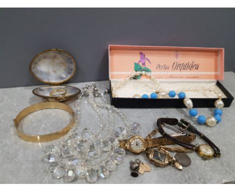 Mixed lot of jewellery and watches, including rolled gold bangle, shell jewellery box and 9ct Australia pendant