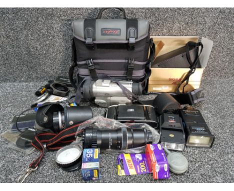 Camera accessories to include a Sigma skylight lens (boxed) Hoya lens, Panasonic cam recorder etc.