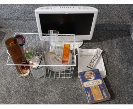 An M &amp; S tv with remote and user guide, glassware to include a whitefriars style orange vase, and french revolution book.