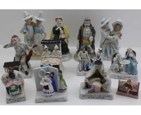 A COLLECTION OF TWELVE LATE 19TH CENTURY CONTINENTAL CERAMIC FAIRINGS, to include; "The Power of Love", "Go Away Mama I'm Bus
