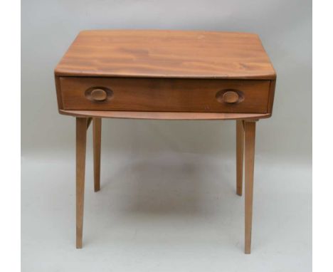 AN ERCOL SIDE TABLE, fitted single full-width drawer, supported on four plain splayed beech legs, united by a turned stretche